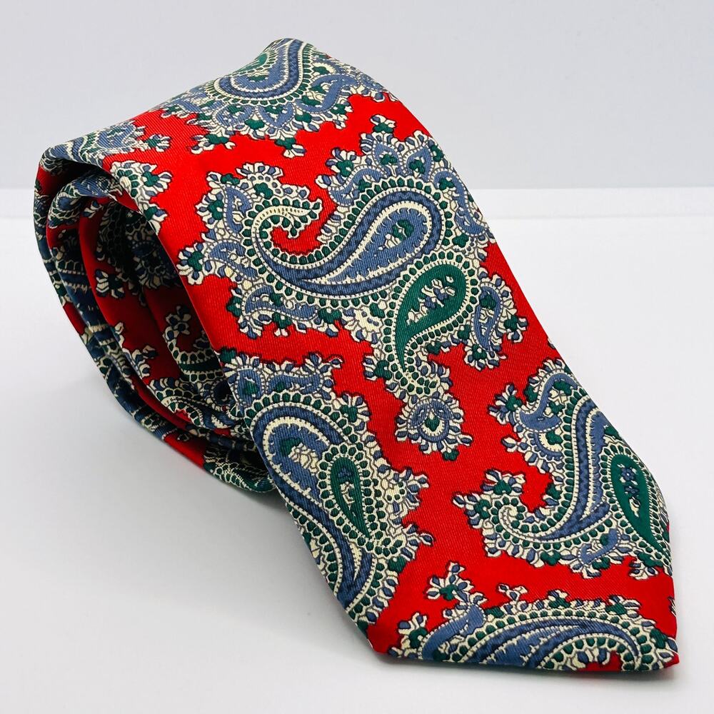 Vintage 80s Liberty of London Red Blue Green Paisley Silk Necktie